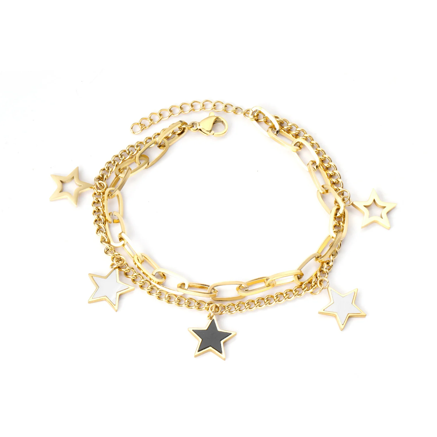 

New Arrival Charm 14K gold stainless steel design Double Chain Bracelet With Shell Stars Jewelry Bracelet
