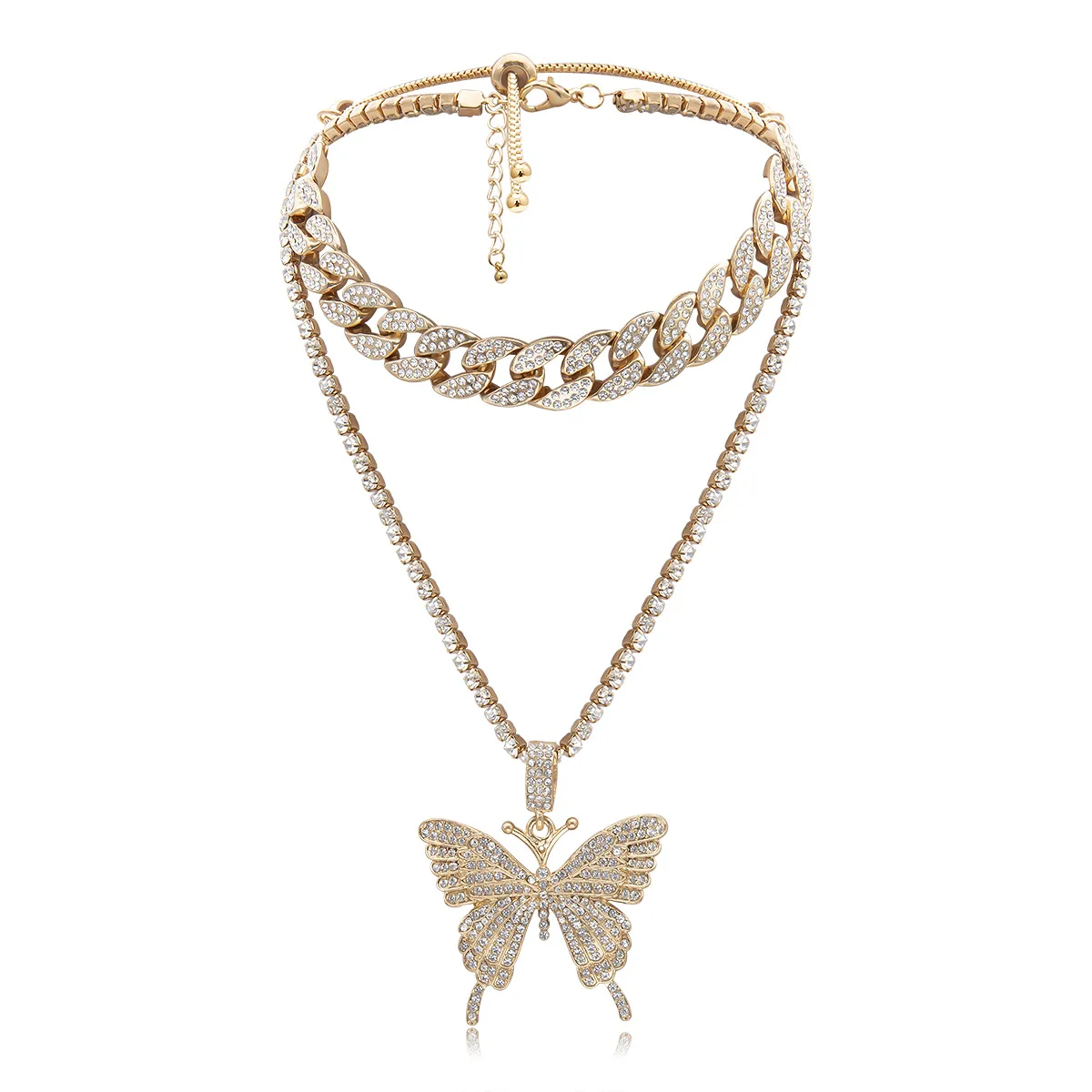 

New Multi-layer Statement Big Rhinestone Butterfly Pendant Necklace for Women Bling Chain Crystal Choker Butterfly Necklace