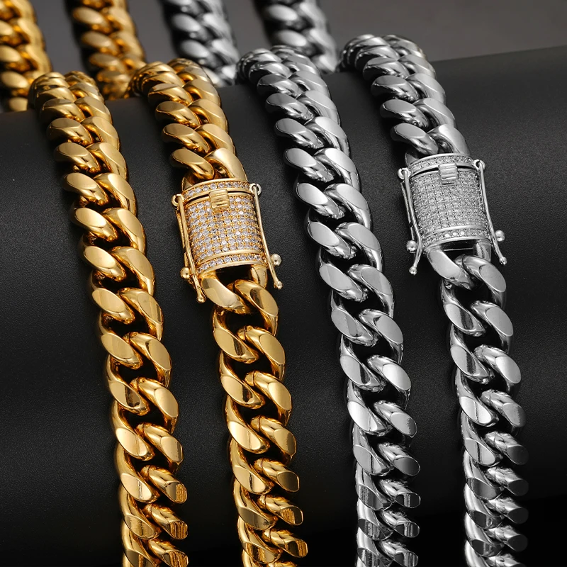 

Drop Shipping Wholesale Hip Hop Jewelry Luxury 18K Gold Plated 316L Stainless Steel Iced Out Cuban Link Chain, White gold/gold/rose gold