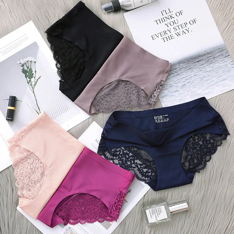 

High quality sexy lace Underwear Ladies Sexy Satin Ice Silk Underwear Women Sexy briefs Seamless Lace Panties women's panties, As shown