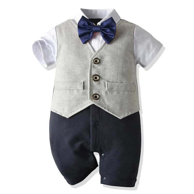 

Baby Boy Formal Outfit Tuxedo Plaid Gentleman Suit Onesie Jumpsuit, Customized color
