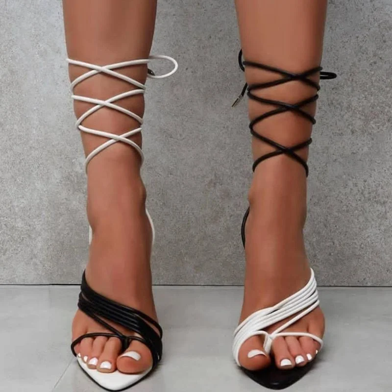 

Solid Fashion Pointed Toe Women's Stiletto High Heeled Sandals Sexy Lace Up Clip Toe Dress Shoes for Ladies Big Size 42, Black