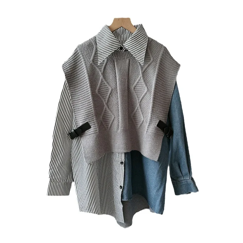 Boutique Wholesale 2026 Autumn New Design Sense Denim Splice Two Piece Set Versatile Slim Women's Sweater