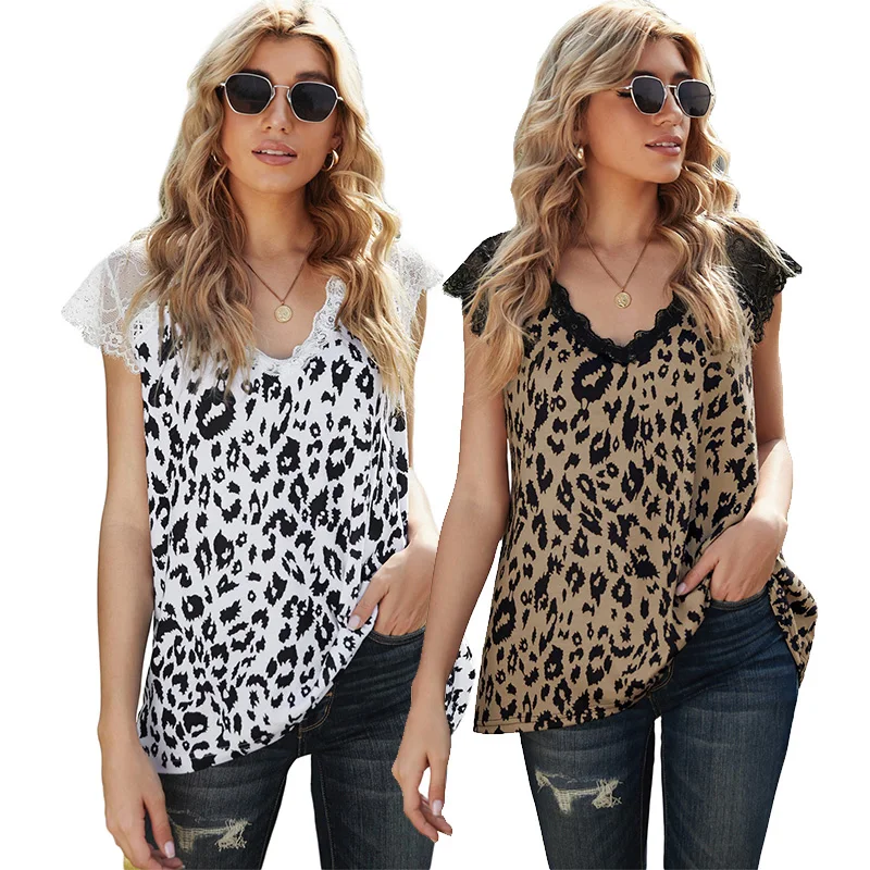 

2021 Fashion Hot Sale Summer Casual Lace V Neck Leopard Tank Top For Women