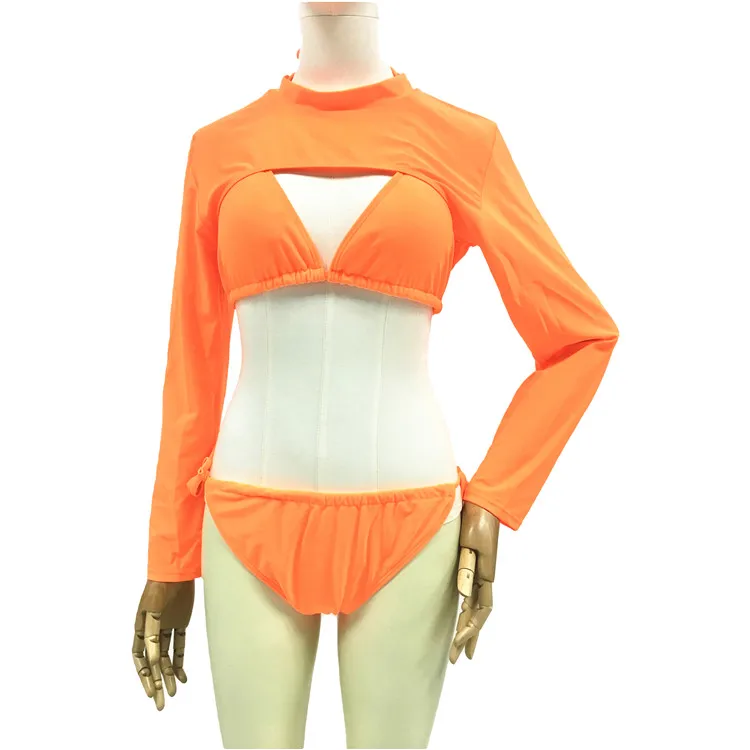 

2021 Sexy designer swimsuit Padded triangle bikini 3 piece longsleeve swimsuit set, Neon orange