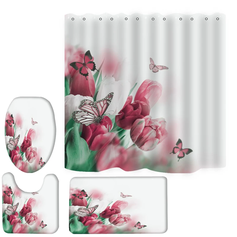 

180x180cm customizable partition bathtub shower curtain bathroom non-slip tulip pink rose mat four-piece toilet set, Picture