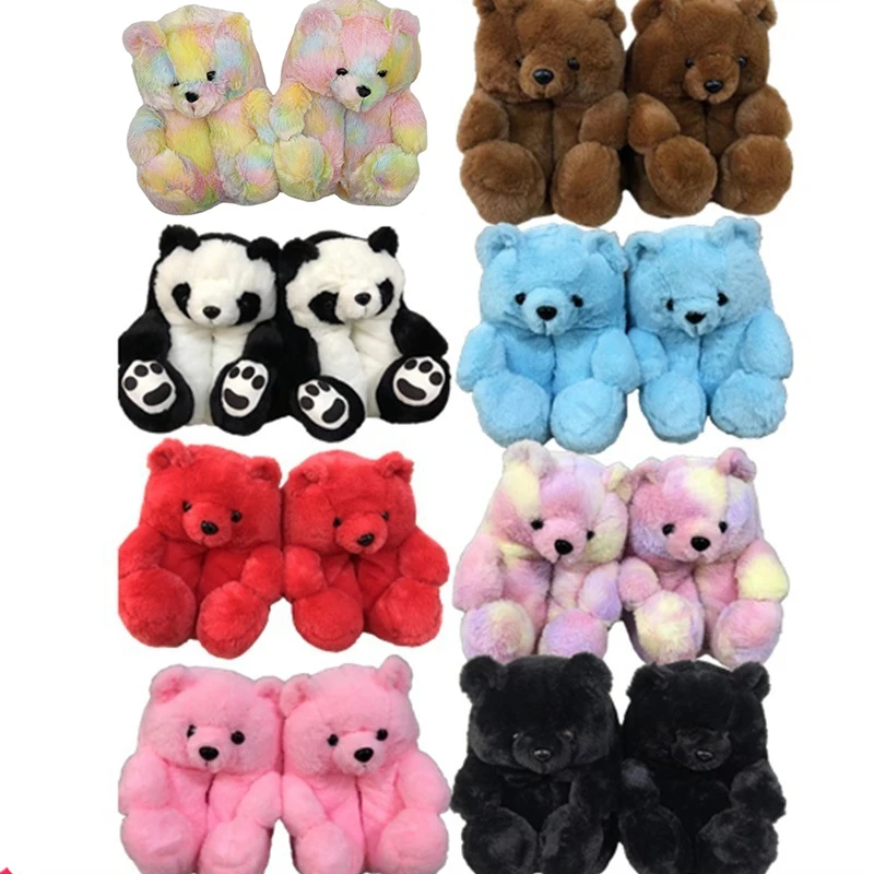 

Teddy Bear House Slippers Plush Fluffy Indoor Slippers for Women Custom Cheap Grey Teddy Bear Slippers, As picture