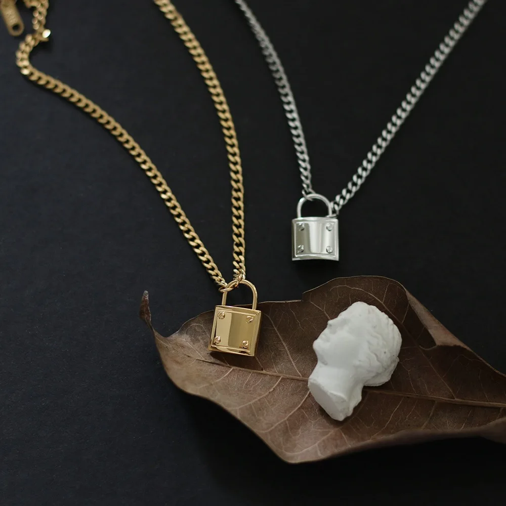 

Trendy thick silver gold plated padlock pendant stainless steel cuban link chain necklace