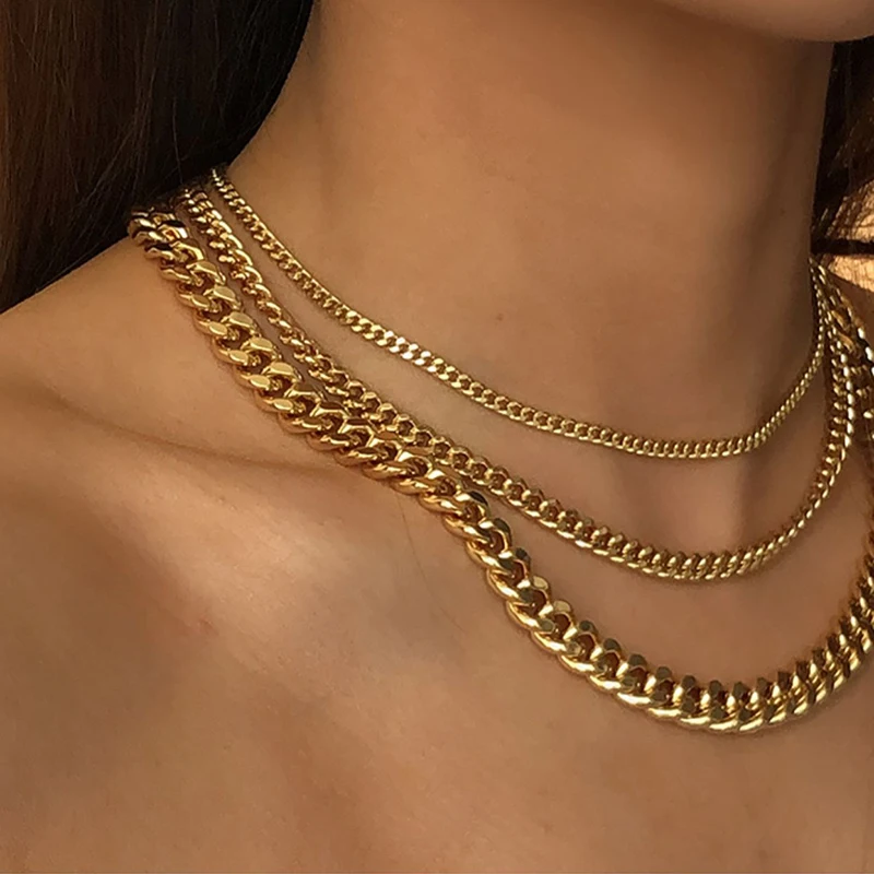 

8 Sizes Chunky Cuban Chain Necklaces 18K Gold Plated Choker Necklaces for Women Hip hop Minimalist Stainless Steel Jewelry Hot