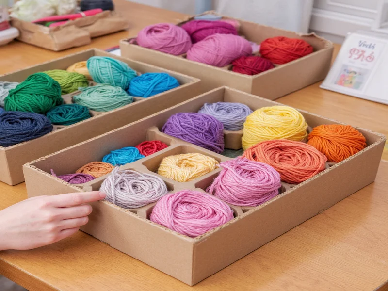 Hand organizing colorful yarn in modular craft companion system