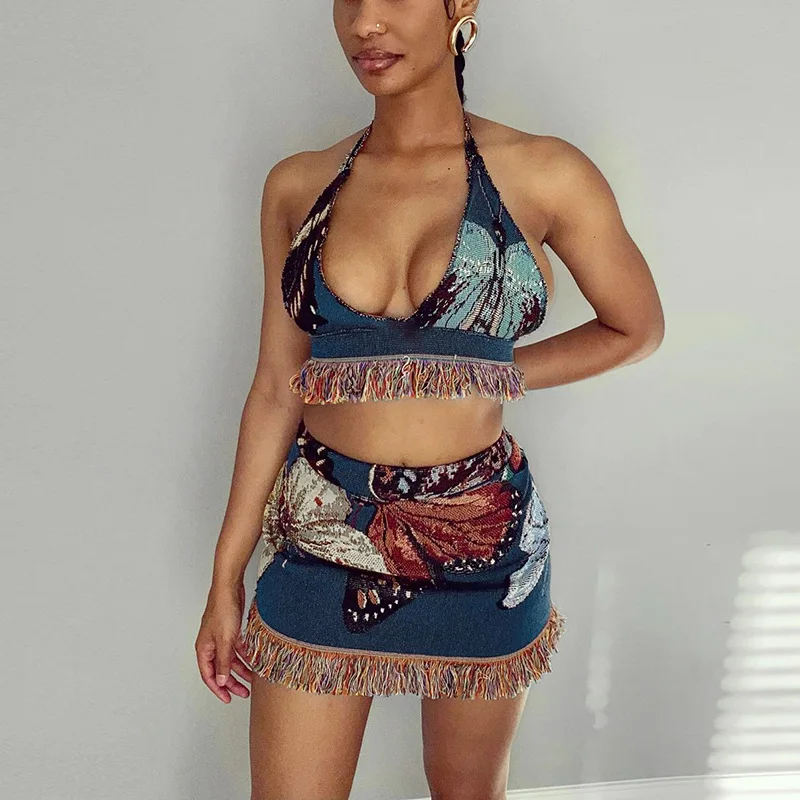 

GX21180 wholesale New retro style sexy halter mini skirt suit tassel skirt two piece set summer women clothing 2021, Picture