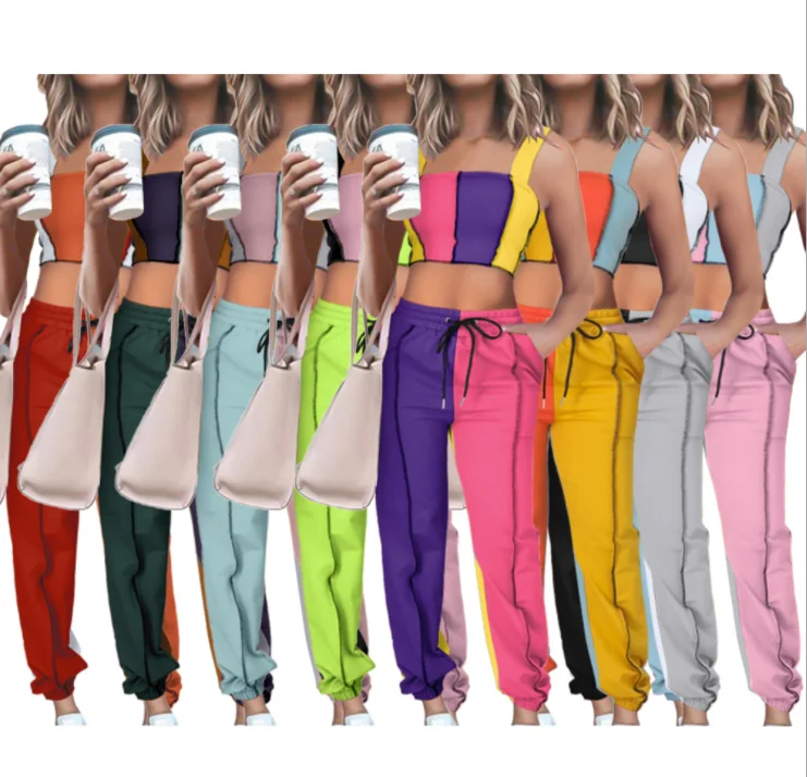 

Summer casual slim vest sport women's suit Patchwork two piece set, Picture