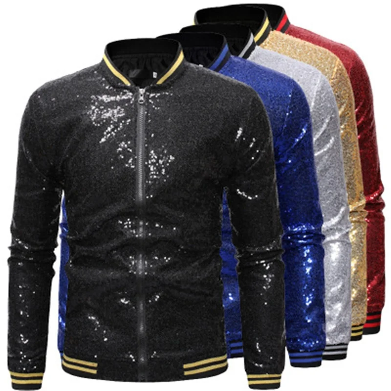 

Bling Party Stand Collar Baseball Men's Jackets, Red/silver/gold/blue/black
