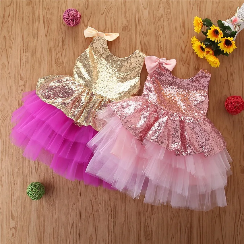 

High Quality Wholesale Beautiful Baby Girls sequins Ball Gown princess Dresses Wedding Party shining bow Dress, Picture shows