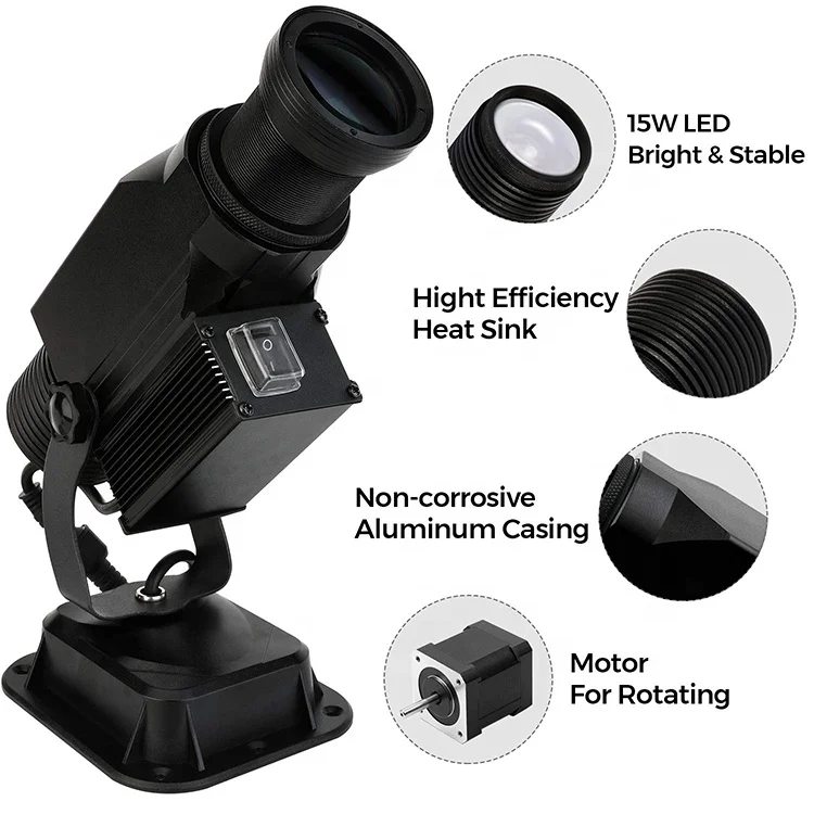 
IP65 Waterproof with Manual Zoom DJ Effect 15W LED Logo Gobo Projector for Outdoor Use 