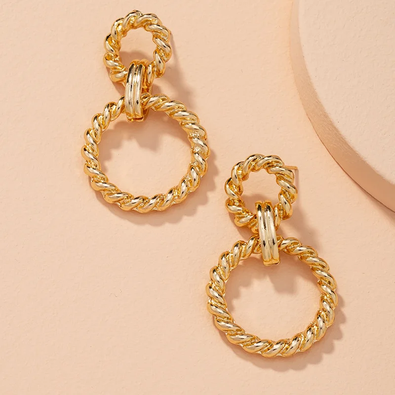 

Chic Spiral Double Circle Link Drop Earrings Gold Geometric Twisted Hoop Statement Earrings For Women