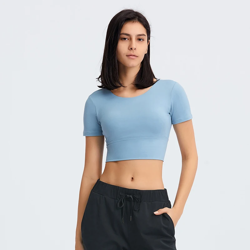 

Custom Print Logo Sexy Cross Strap Back yoga T-shirt female hollow outdoor leisure sports short sleeve, Customized colors