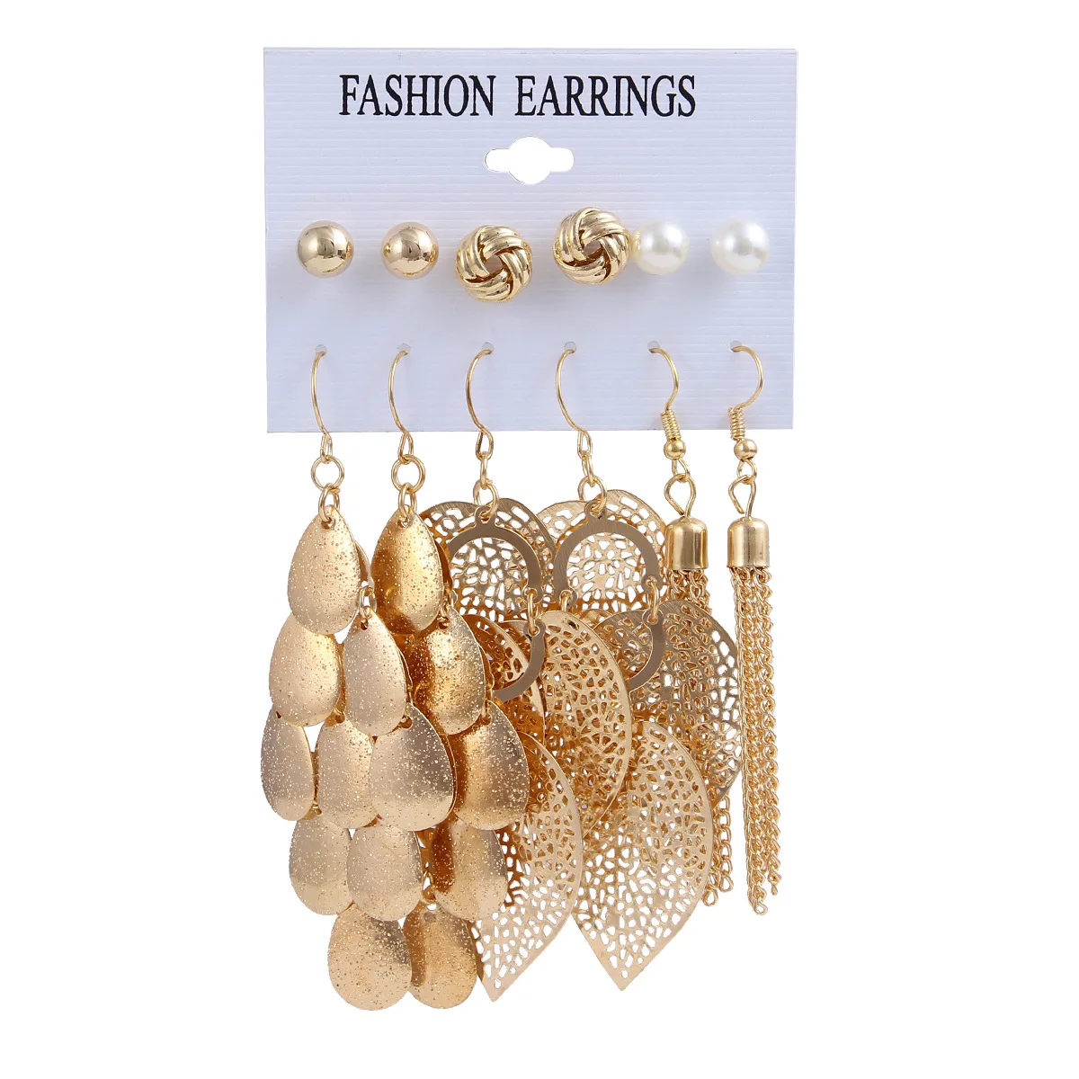 

ZHIYI Vintage 6 Pairs/Lot Gold Plated Small Stud Earrings Women Girls Exaggerated Big Leaf Long Metal Tassel Drop Earring Set, Color plated as shown