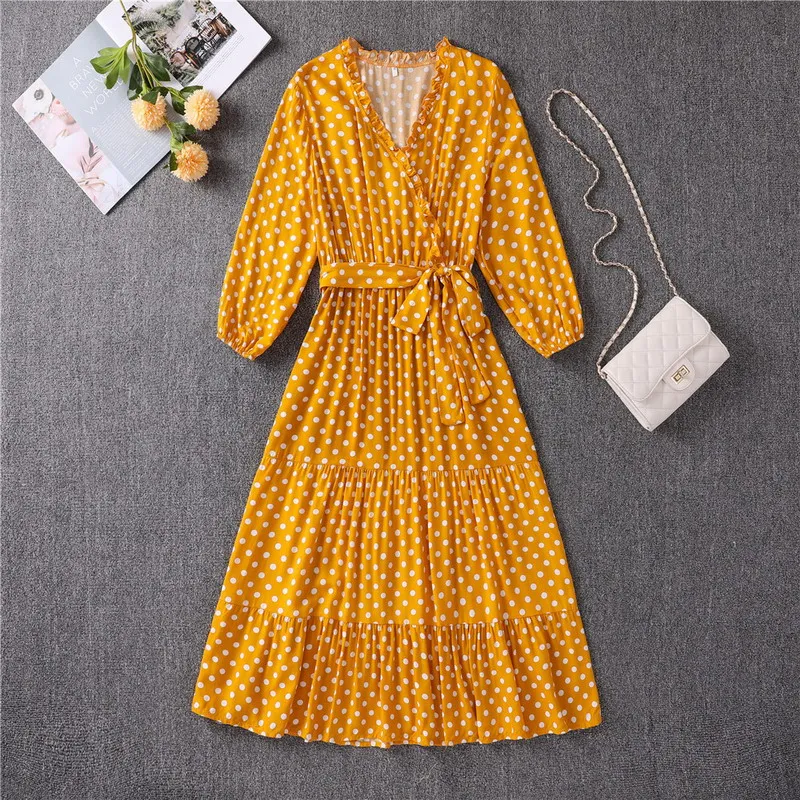 

Hot Selling Women Mid Length Polka Dot Print Dress Short Sleeve Slim Fit Split Asymmetric Bohemian Dress, As picture