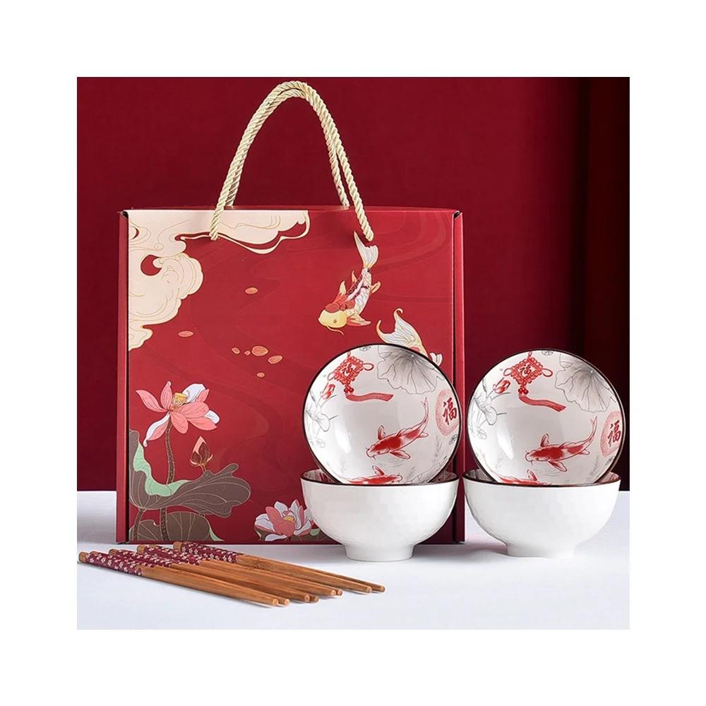 

Lucky fishceramic bowl business tableware with gift box Japanese-style blue and white porcelain shopping mall gifts
