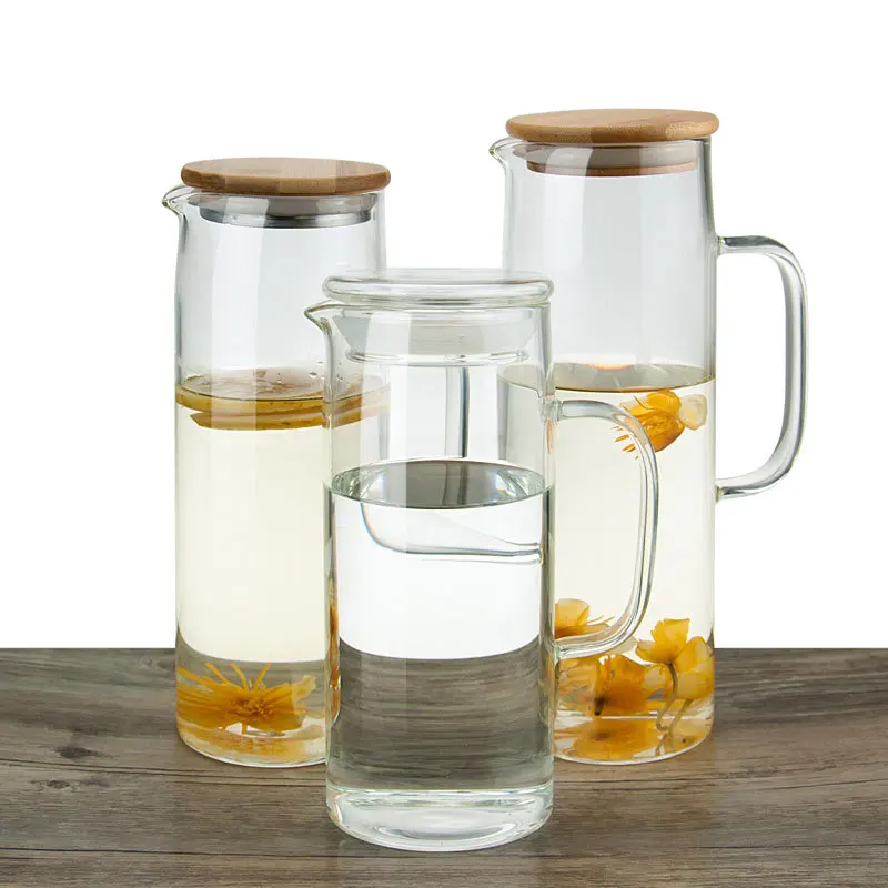 

Wholesale Handmade Borosilicate Glass Heat Resistant Drinking Glass Water Pitcher Jug With Bamboo Lid, Transparent