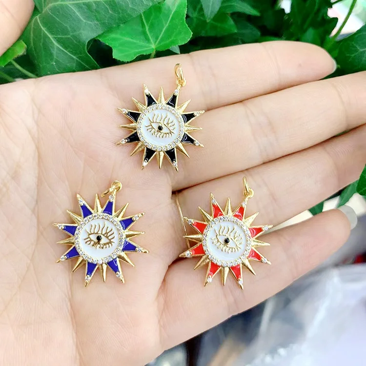 

CZ8413 trendy 18k Gold Plated brass metal CZ diamond pave sun evil eyes multi colored enamel charms Pendant