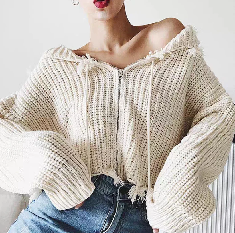 

2021 Spring Women Zipper Knit Cardigan Crop Sweater Lady Sexy Hoodies Outfit Streetwear Ripped Sweater Women, As picture