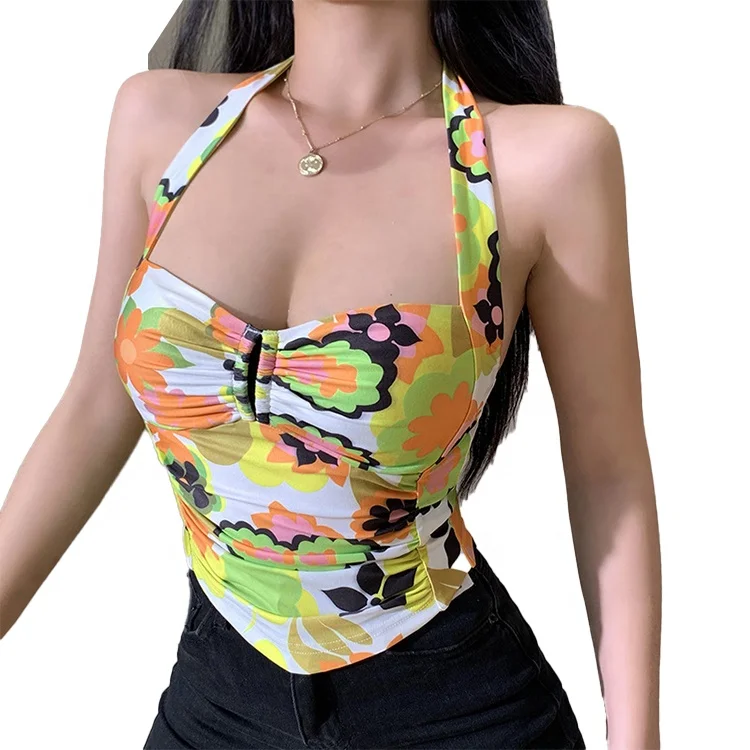 

Europe and the United States summer new sexy hanging neck printing suspender women's sexy top open back slim hanging neck vest, Customized color