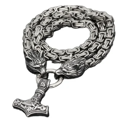 

Nordic Viking wolf head hammer pendant necklace male amulet jewelry stainless steel round chain jewelry