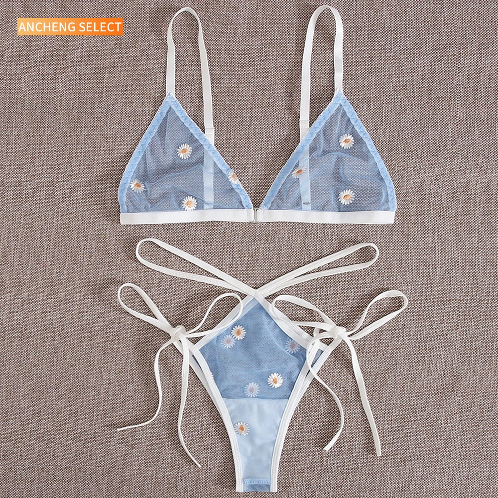 

2021 High quality sexy mesh lace fancy bra sets daisy embroidery lingerie for female erotic underwear kits, Black , blue
