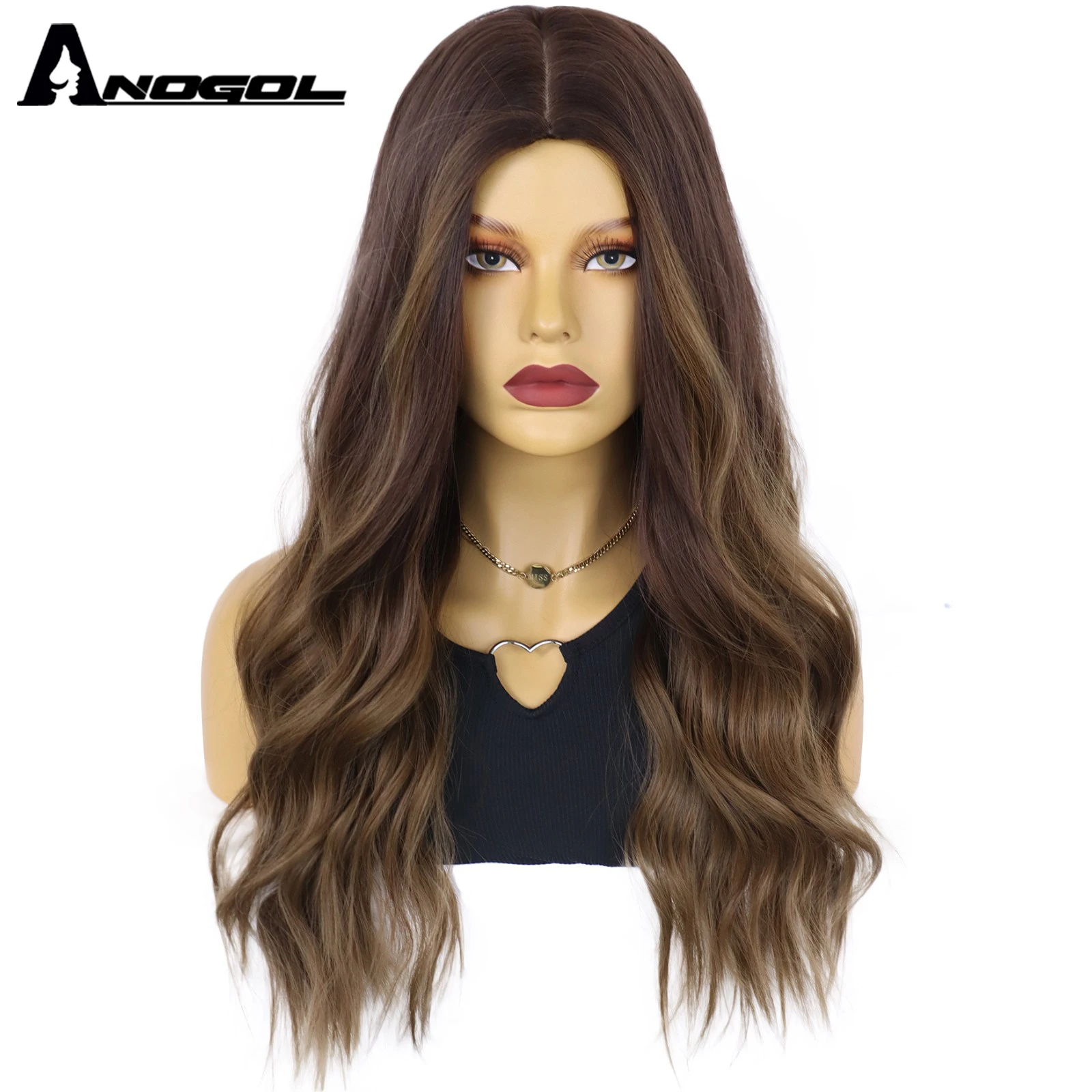 

Anogol 28 Inches Long Afro Kinky Dark Brown Synthetic Machine Made Hair Wig Heat Resistant Fiber Wig for Women Brazilian