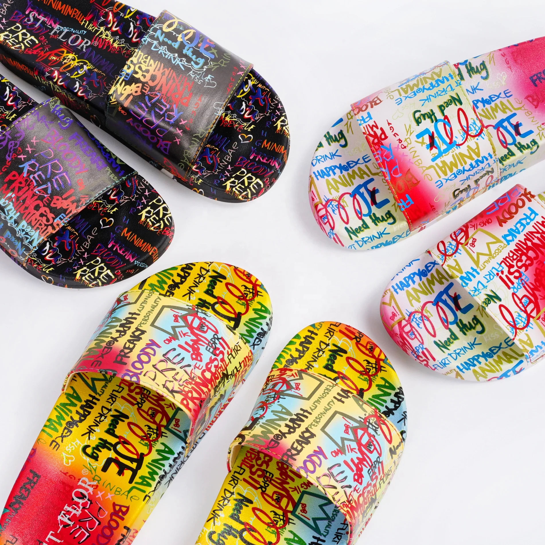 

Wholesale Price Soft Shoes Popular Graffiti Pattern Women Flat Sandals For Outdoor Lady Slides Slippers, Black, white, yellow