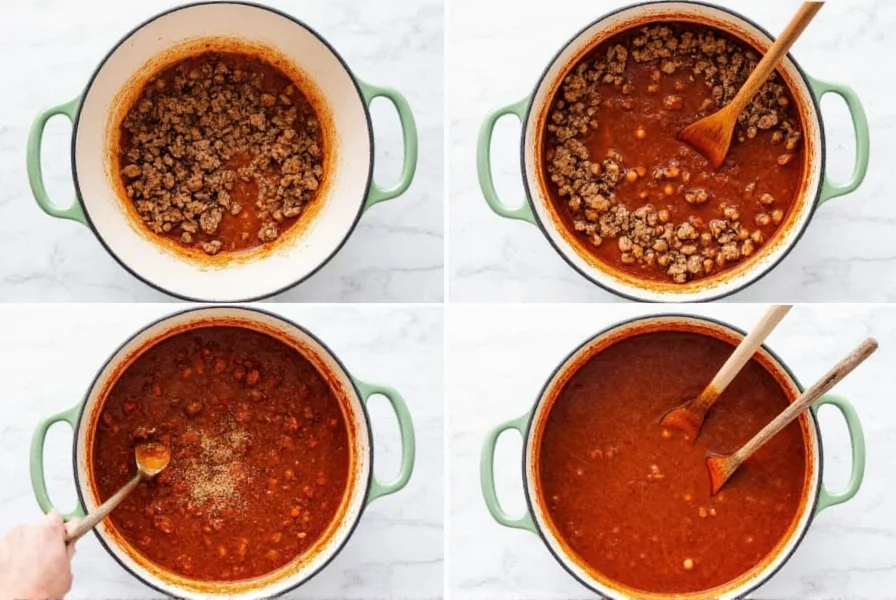 Step by step Wendy's copycat chili cooking process showing meat browning spice addition and simmering stages