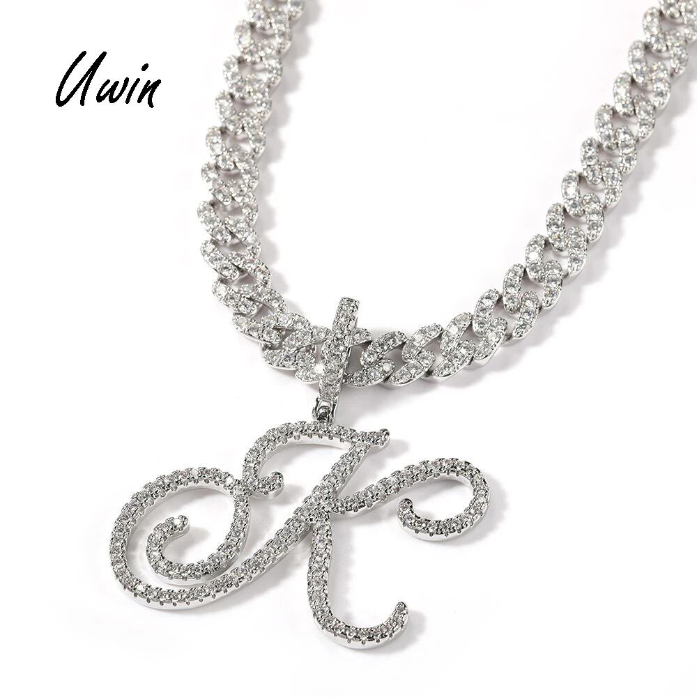 

UWIN Hiphop Iced Out Alphabet Cursive Letter Pendant Necklace 9mm Cuban Link Chain CZ Necklace Rapper Jewelry