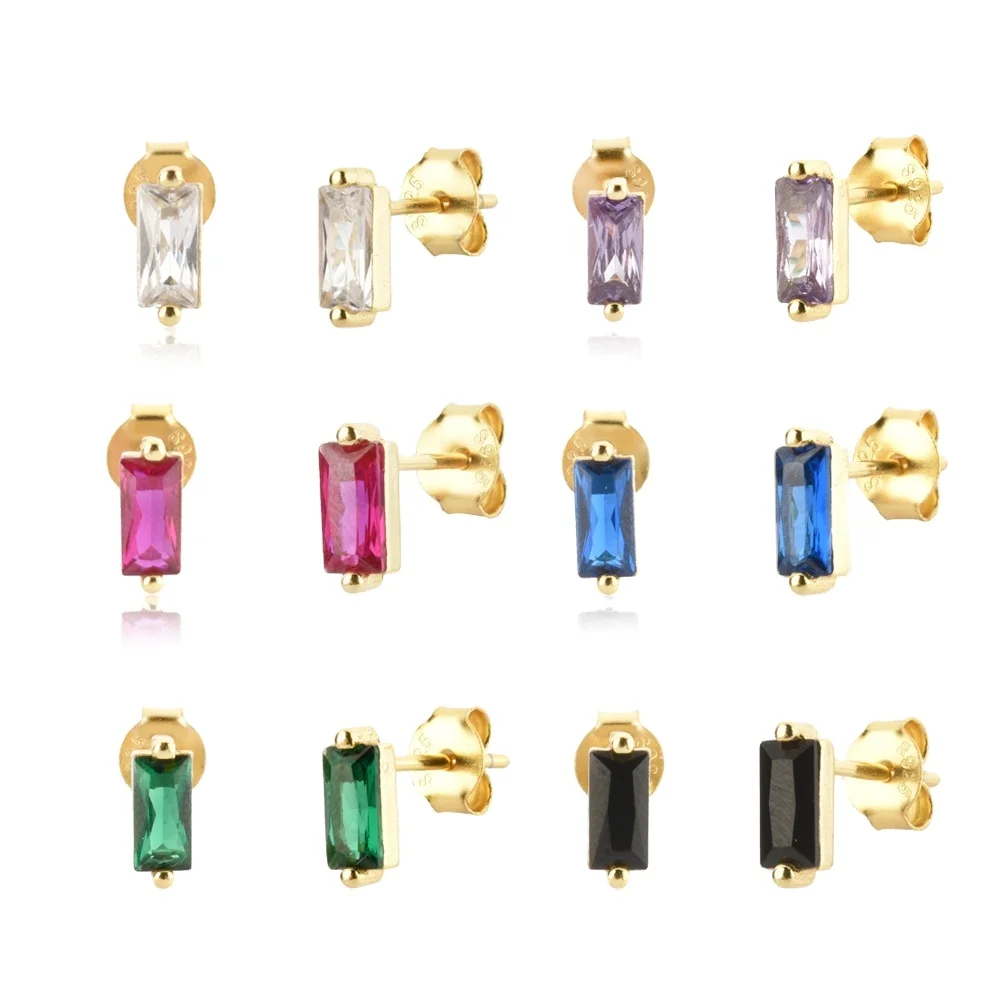 Fuamay Gold-Plated Baguette CZ Diamond Stud Earrings White Purple Tiny White Baguette Earrings Engagement Wedding Anniversary
