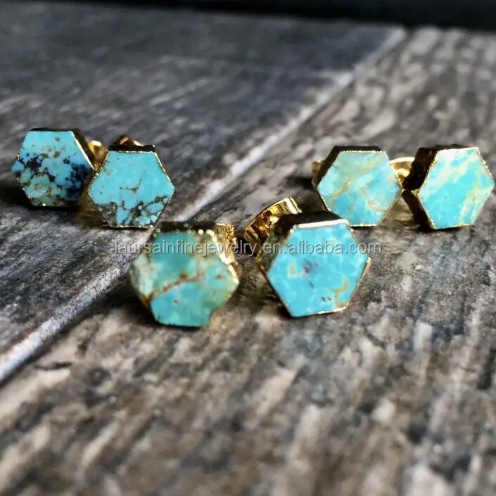 Bd-b1169 Turquoise Stud Earring Raw Stone Gold Hexagon Studs 