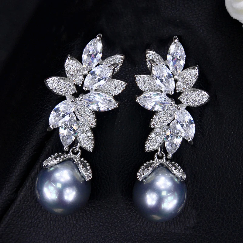 Shiny Cubic Zirconia Pave Setting Leaf Shape Silver Plated Bridal Dangling Gray Pearl Drop Earrings for Women Jewelry Gift