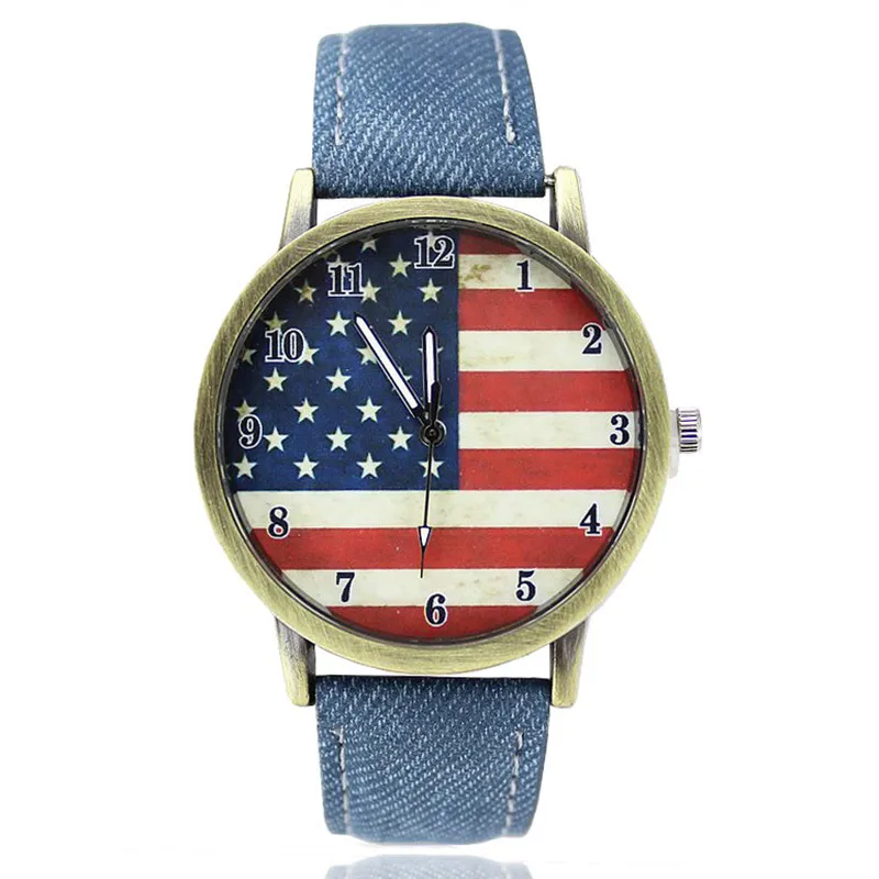 

Hot Selling Fashion Denim Style Canvas Belt Watch Retro American Flag Pattern Quartz Watches For Men