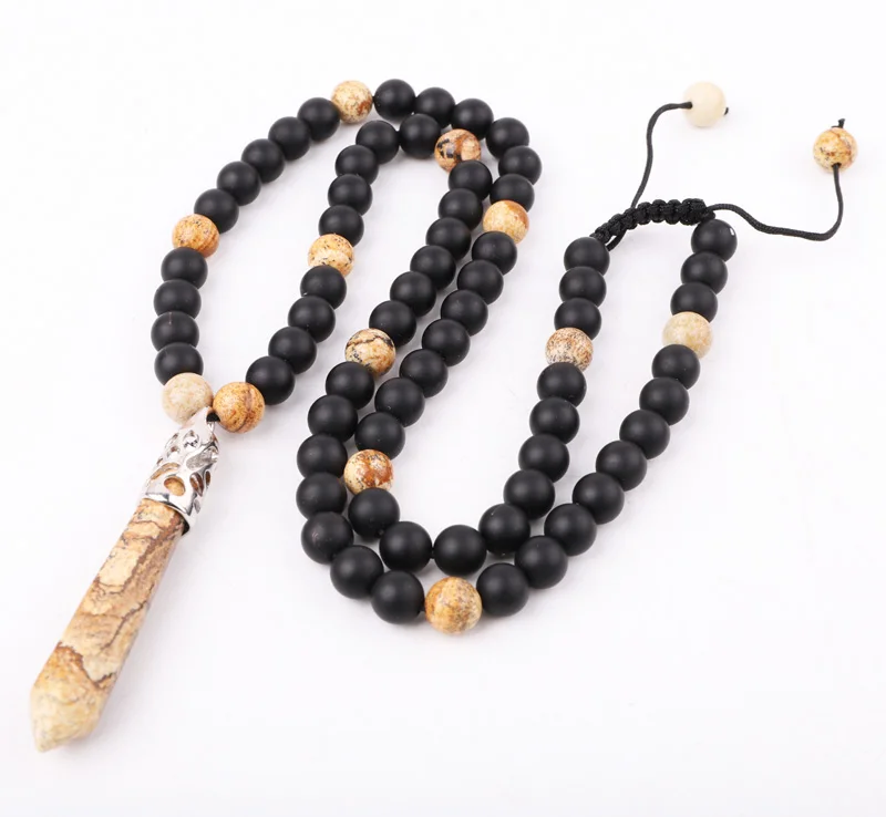 Hot Selling 8mm Natural Stone Healing Point Picture Jasper Pendant Matte Onyx Bead Man Jewelry Necklace