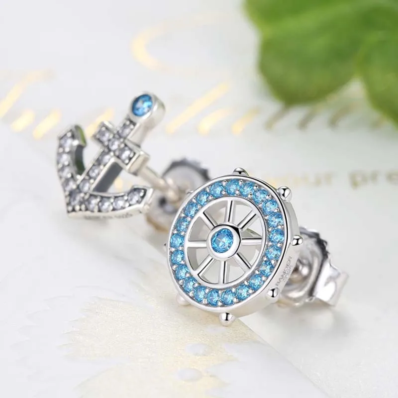 

Classic trendy blue anchor rudder shape asymmetric cubic zirconia silver 925 earrings ear stud