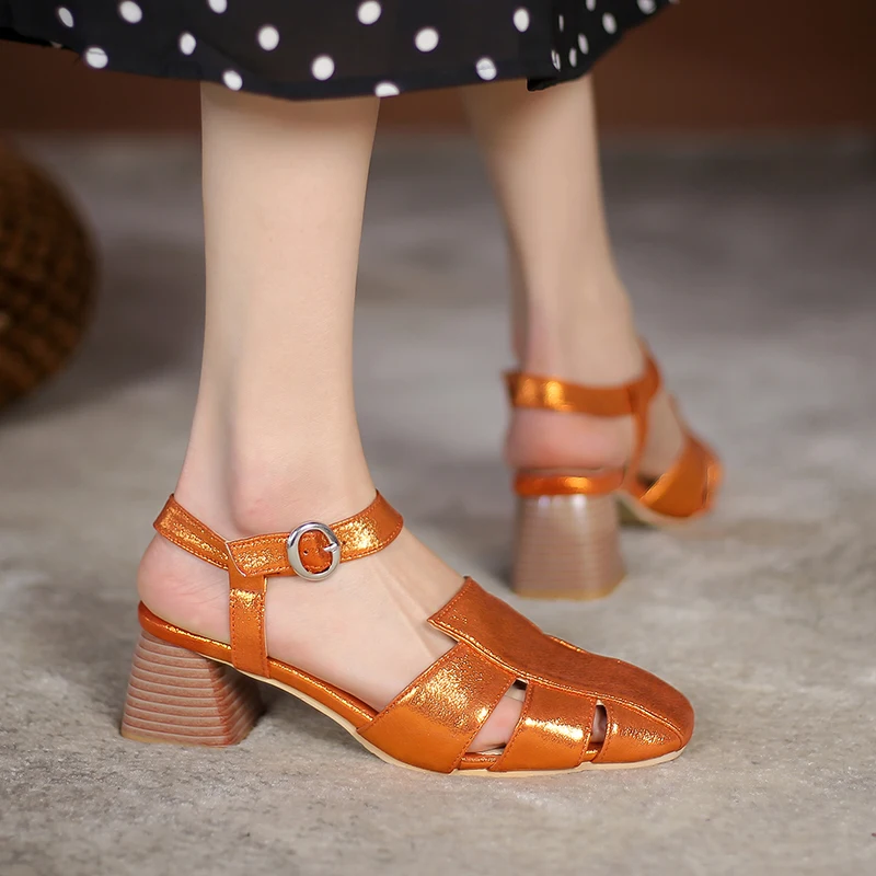 

New Square Head Bright Leather Fashion Thick heel Lady Sandals, Gold/silver/orange