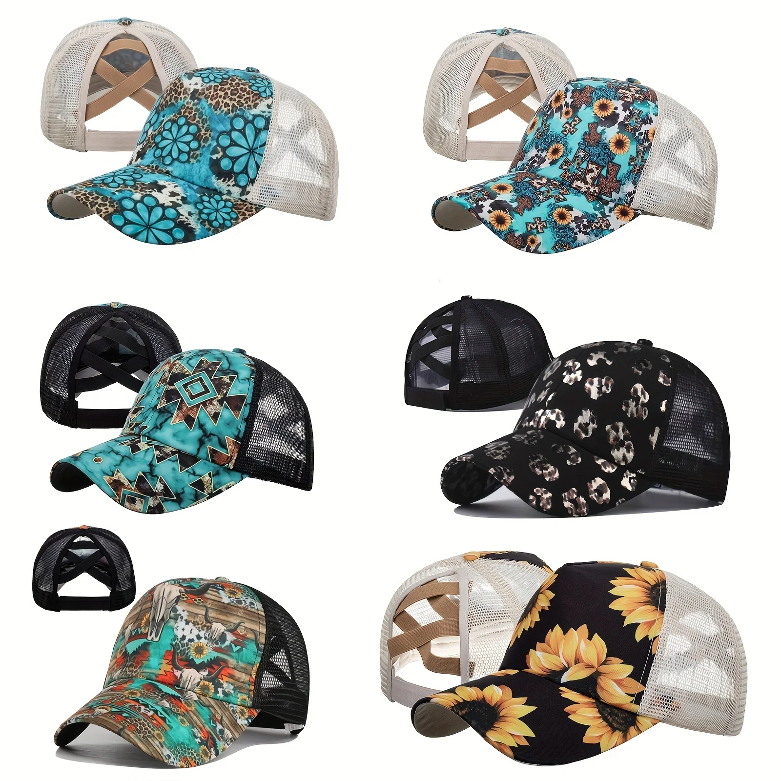 Adjustable Sunflower Print Mesh Baseball Cap