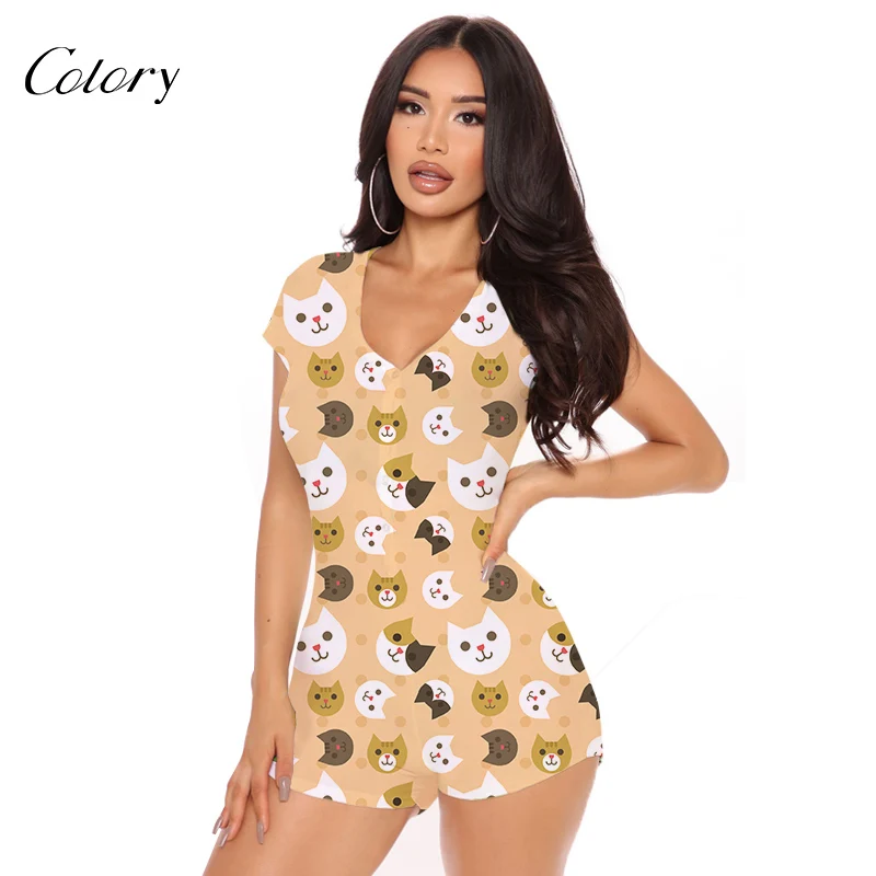 

Colory Onesie Jimpsuit With Shorts Plus Size Sleep Romper Woman Bodysuit, Picture shows