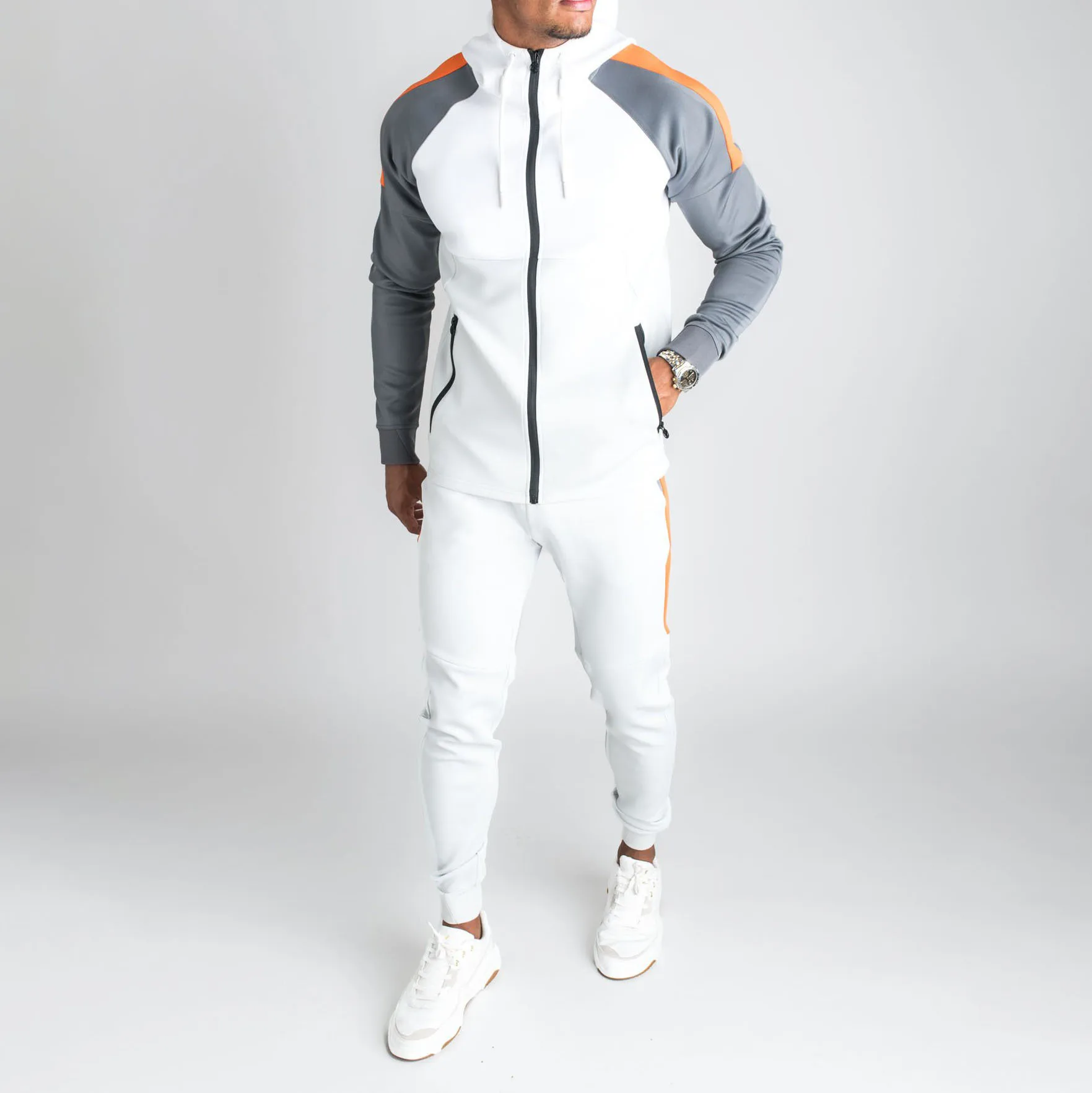 

Casual contrasting color zipper hoodie sweatpants jacket tracksuit jogging suit for men, Picture