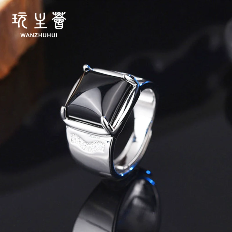 

Cool looking stainless steel prong setting Black Onyx Yellow Gold Plated open rings jewelry for men