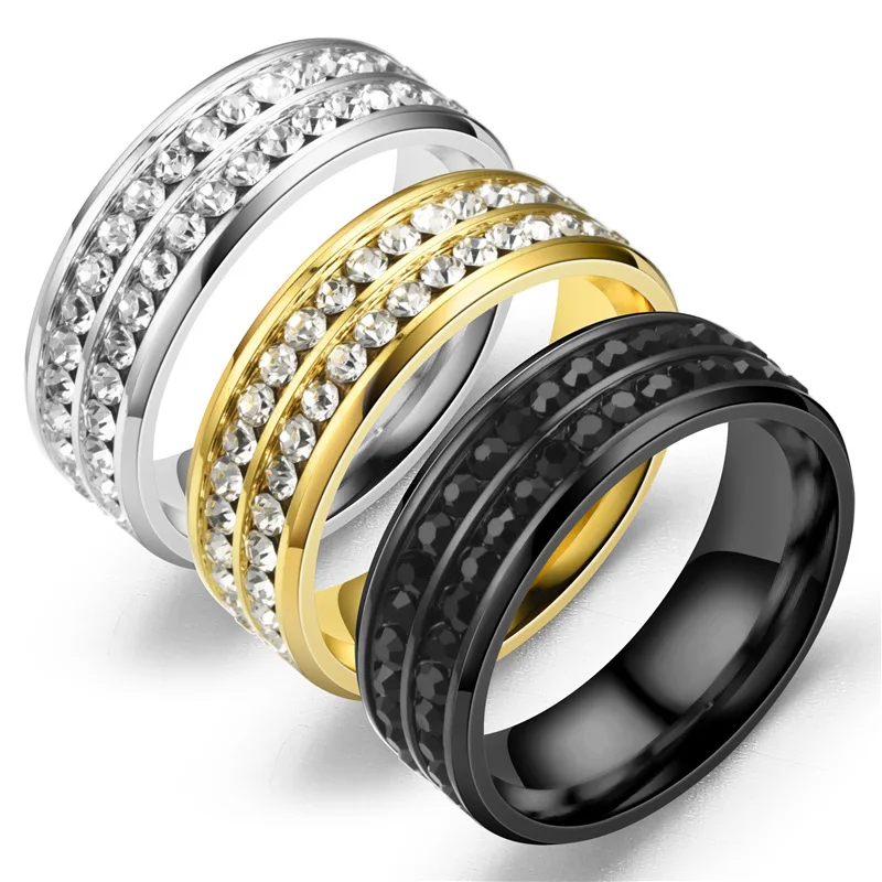 

2021 Fashion Hip Hop Men's and Women's Jewelry Stainless Steel Diamond Double Row Couple Rings