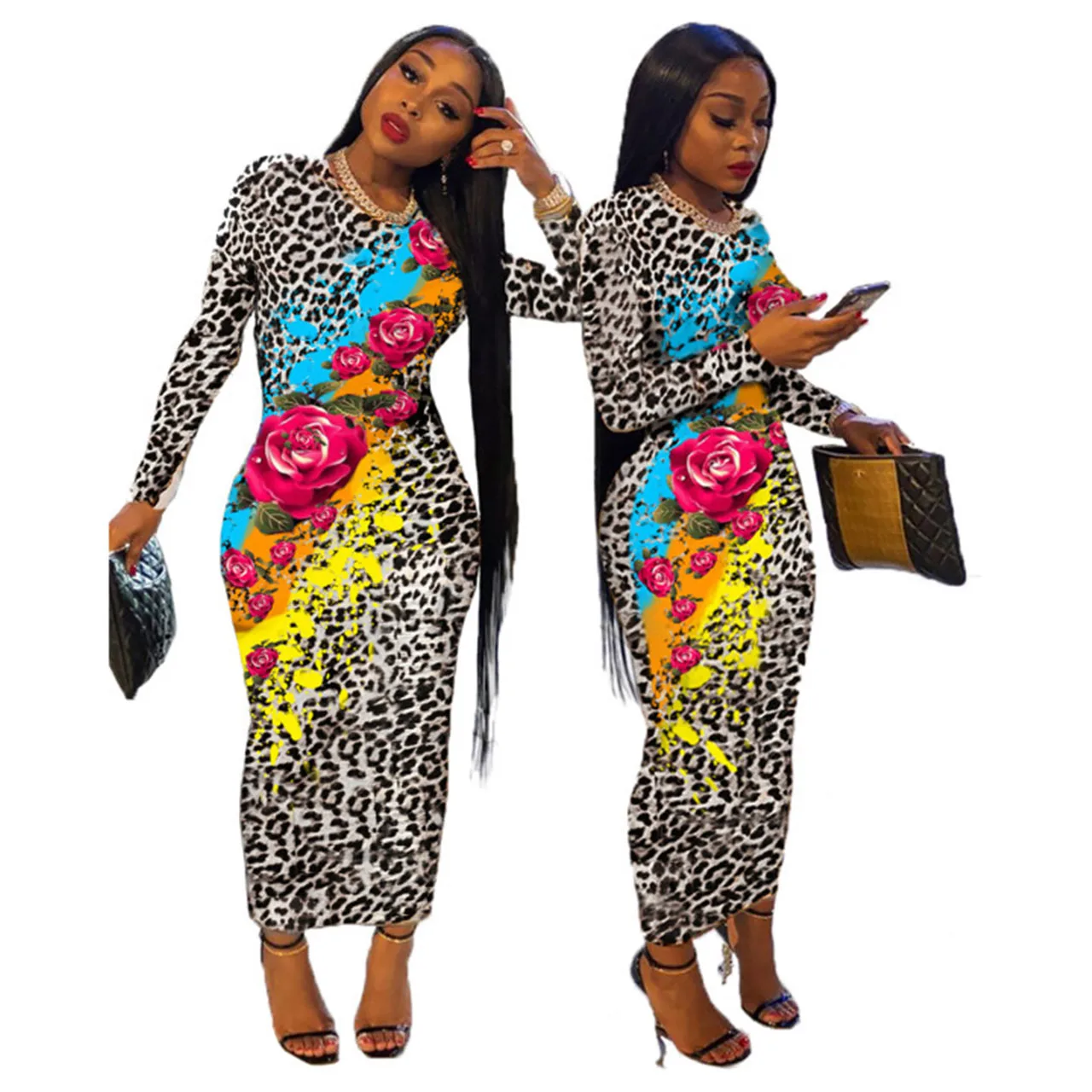 

2020 New Arrival Fashion Fall Leopard Printed Bandage Dresses Floral Long Sleeve Dress Sexy Satin Long Maxi Dress Lady