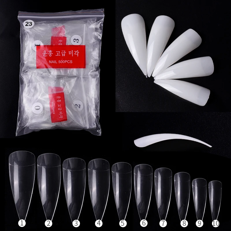 

600Pcs/Bag Half Cover Bending Arc Sharp Nail Tips False Natural Clear Acrylic Long Stilettos Artificial Nails