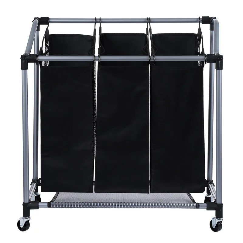 

foldable durable 3 section folding rolling laundry hamper basket wheel, Black