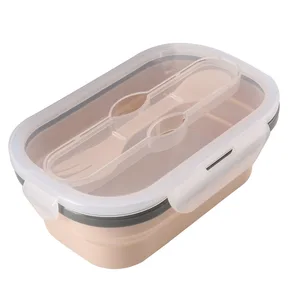 Image of eco-friendly hot sale portable foldable silicone lunch box with spork, kitchen outdoor camping bento box